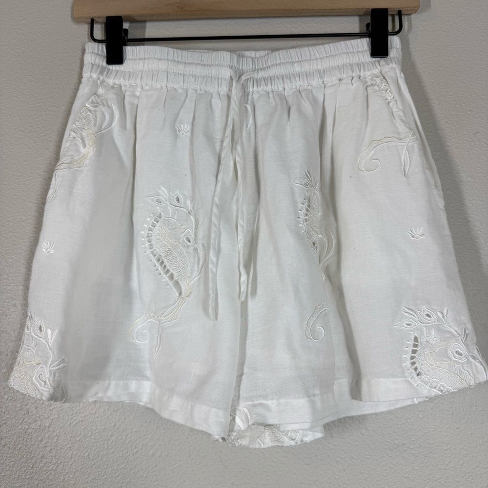 Scarlett Poppies Dosinia Shorts Embroidered Seahorse Print White Linen Blend Med